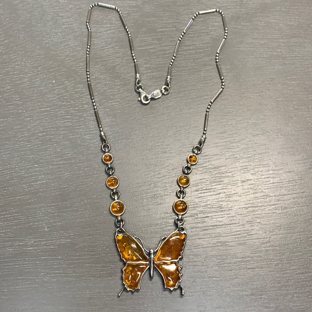NB0159 Cognac Amber butterfly and sterling silver